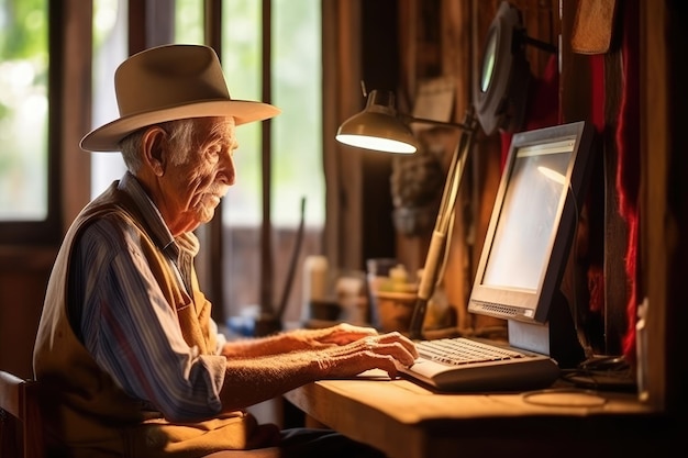 Viejo usando computadora