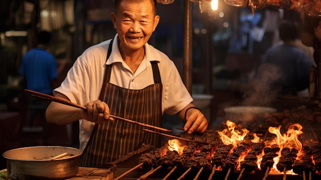 Foto un viejo vendedor ambulante de comida china haciendo brochetas de cordero.