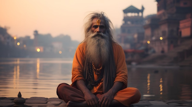 Un viejo yogi estaba meditando en la orilla del río Ganges era tranquilo en medio del sol de la mañana