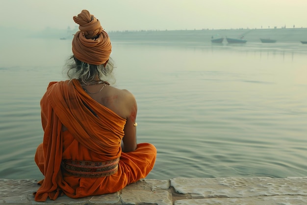 Un viejo yogi estaba meditando en la orilla del río Ganges era tranquilo en medio del sol de la mañana