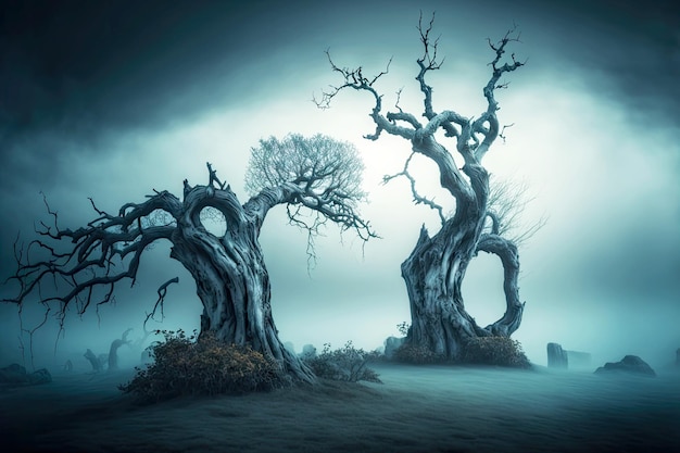 Viejos árboles podridos del cementerio con raíces en el fondo de niebla brumosa