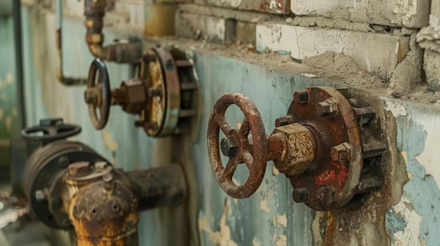 Foto viejos botones de válvula de acero oxidado en la pared de una torre de agua histórica válvulas de acero fuertemente corrosionadas de un