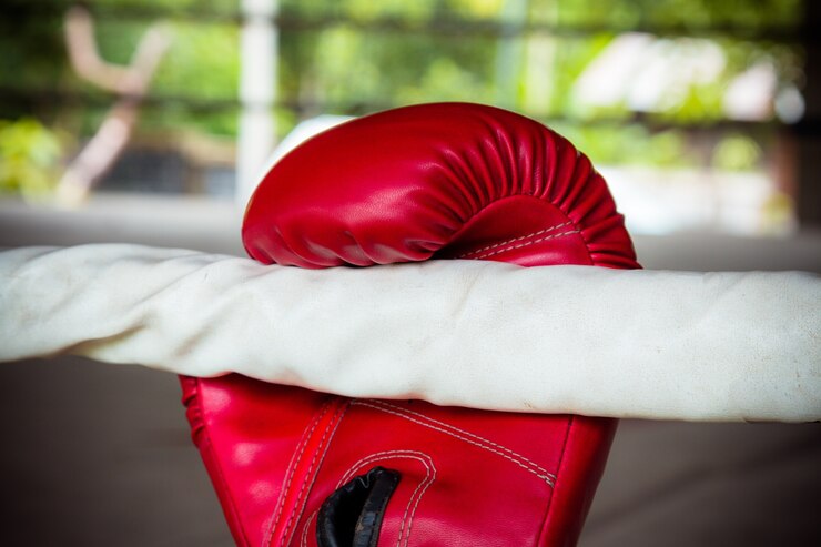 Viejos guantes de boxeo rojos sobre lienzo