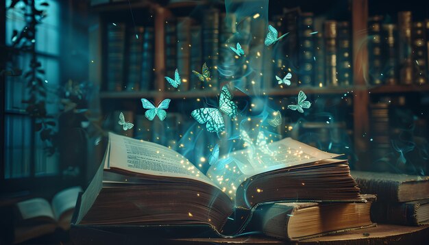 Foto viejos libros de magia con brillo y mariposas voladoras en la biblioteca oscura