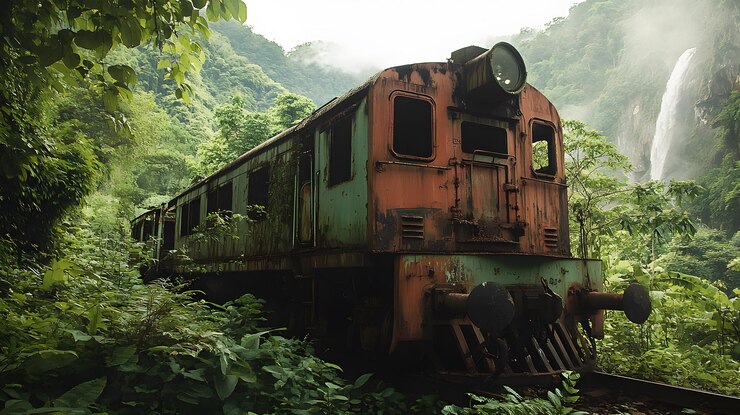 Foto viejos trenes y vagones oxidados abandonados en el bosque cubierto de vegetación