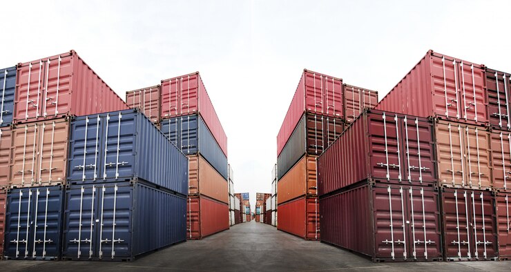 Foto viel containerkasten im logistikgeschäft am frachtdock