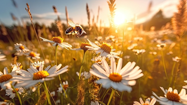 Viel Kamille auf der Sommerwiese in der Natur bei Sonnenschein bei Sonnenuntergang und eine fliegende Hummel