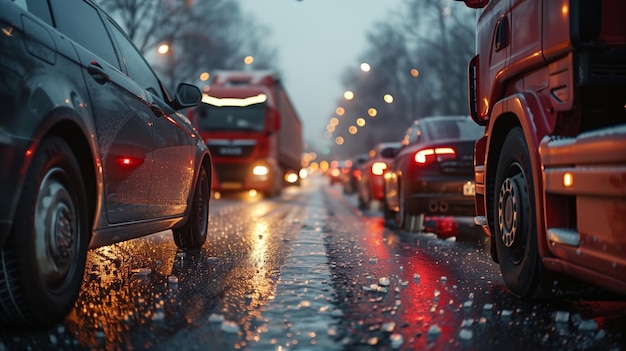 Viel Verkehr auf der Straße an einem regnerischen Tag