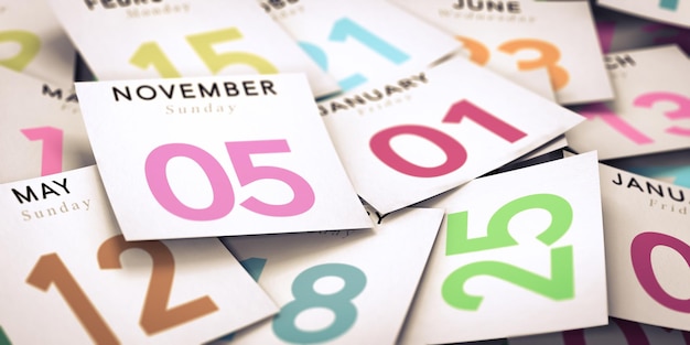 Viele Abreiß-Tageskalender mit Fokus auf den 5. November, Illustrationsbild für Zeitvertreib oder Aufschub.