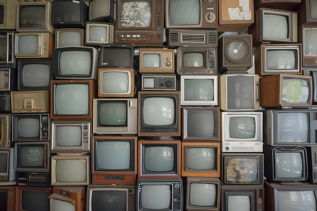 Viele alte analoge Fernseher, die entlang der Wand gestapelt sind
