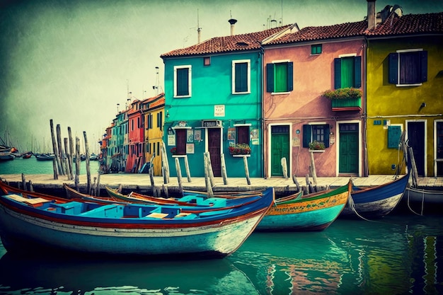 Viele alte bunte Boote am Ufer der Insel Burano Street