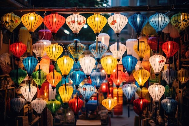 Viele Arten von Laternen hängen auf dem Straßenmarkt. Bunte traditionelle Laternen im chinesischen Stil. Generative KI-Illustration