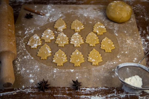 Viele aus dem Teig ausgeschnittene Kekse in Form von Weihnachtsbäumen liegen auf dem Backpapier im F...