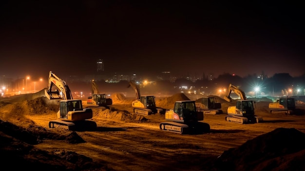 Viele Bagger arbeiten auf der Baustelle mit Nachtlicht Generative KI