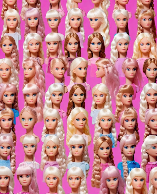 viele Barbie-Puppen mit verschiedenen Haarfarben und Haarschnitten, alle in Reihen auf einem leuchtend rosa Hintergrund angeordnet