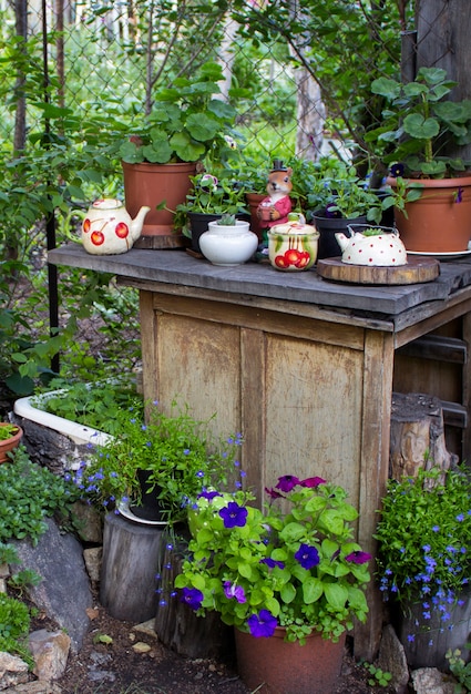 Viele Blumentöpfe als Dekoration im Garten am Frühling. Dekorative Blumen auf Klotz am Frühjahr