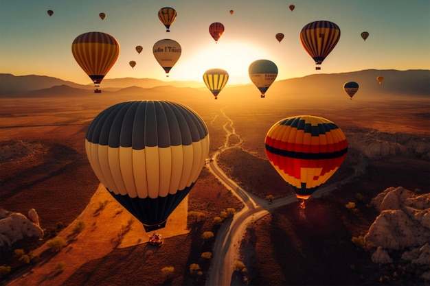 Viele bunte Heißluftballons mit Blick auf den Sonnenuntergang in Kappadokien