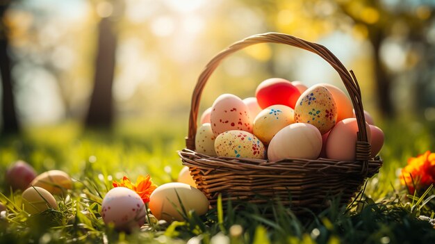 viele bunte Ostereier in einem Korb auf der Wiese