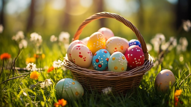 viele bunte Ostereier in einem Korb auf der Wiese