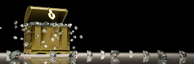 Viele Diamanten in goldener Vintage-Schatzkiste und fallen auf den Boden Verwendung für Gem Storage Box Konzept Schatz auf schwarzem Hintergrund und Reflexion auf dem Boden 3D Render