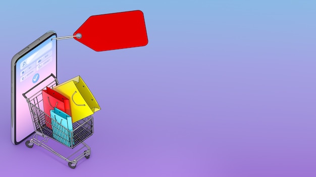 Viele Einkaufstaschen und Preisschilder in einem Einkaufswagen erschienen vom Smartphone-Bildschirm., Online-Shopping oder Shopaholic-Konzept., 3D-Illustration mit Objektbeschneidungspfad.