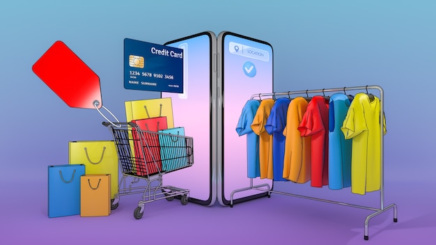 Viele Einkaufstaschen und Preisschilder in einem Einkaufswagen und Kleidung auf einem Kleiderbügel erschienen auf dem Bildschirm des Smartphones