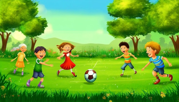 Viele entzückende Kinder spielen Fußball in einem sonnenbeschienenen Hinterhof auf einer üppigen grünen Wiese. Im Hintergrund sind Bäume und Pflanzen. Kinder tragen helle Outfits und lächeln breit Generative KI