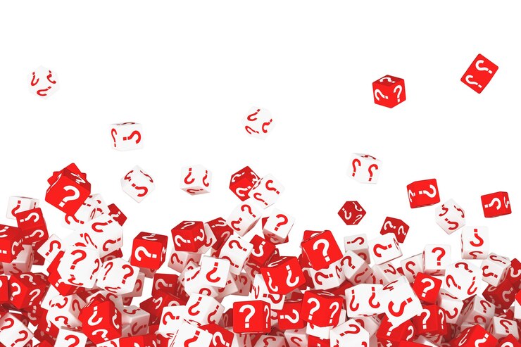 Viele fallende Würfel mit Fragezeichen. 3D-Darstellung