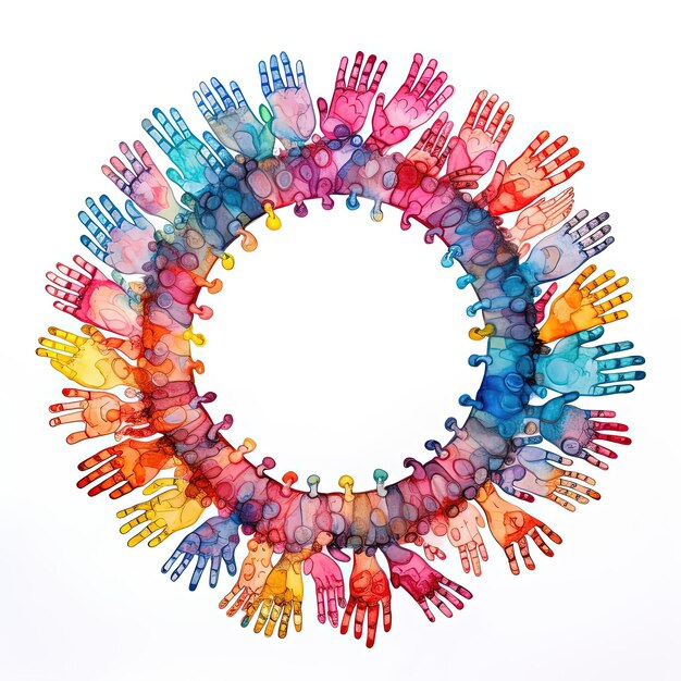 viele farbenfrohe Hände in Form eines Kreises Illustration im Stil von Fujifilm eterna vivid 500
