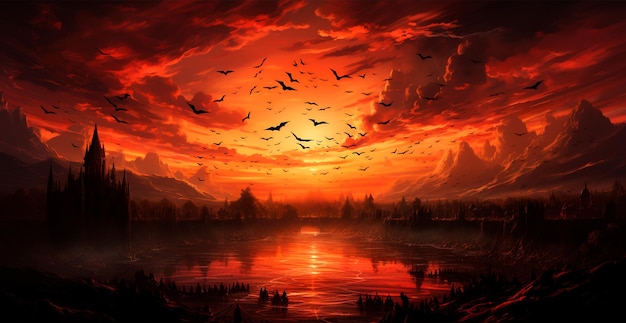 Viele Fledermäuse fliegen bei leuchtend rotem Sonnenuntergang, festliche Nacht der Toten, Halloween, KI-generiertes Bild