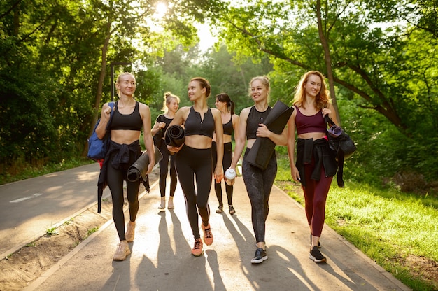 Viele Frauen mit Matten, Gruppen-Yoga-Training im Sommerpark