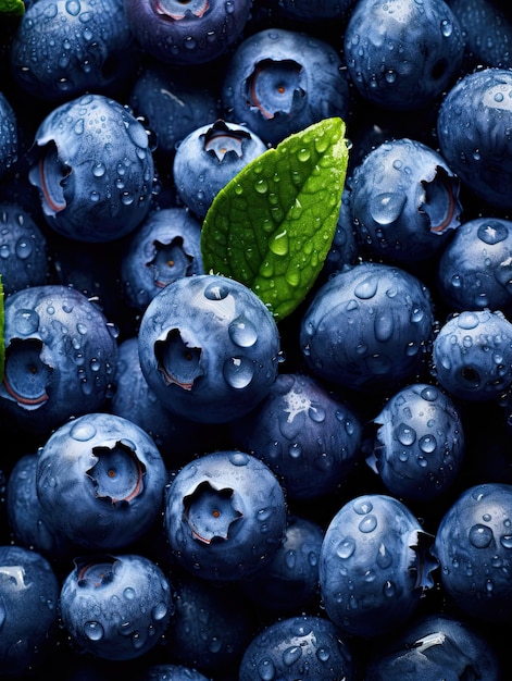 Viele frische Blaubeeren ohne Hintergrund, funkelnde Regentropfen