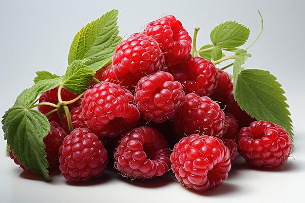 Viele frische Himbeeren auf weißem Hintergrund Nahaufnahme einer Studioaufnahme der Fotografie von roten, reifen Lebensmitteln