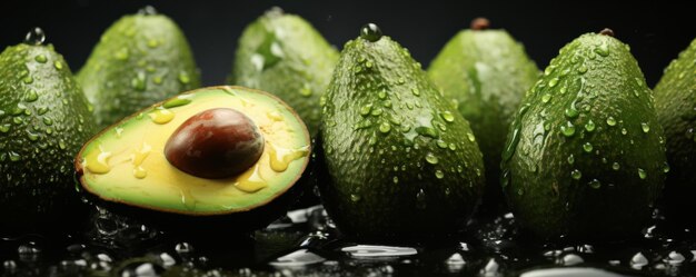 Viele frische reife Avocados mit detaillierten Wassertropfen auf dunklem Hintergrund Lebensmittelbanner Generative Ai