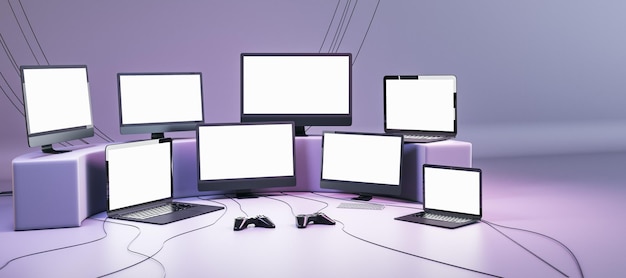 Foto viele gaming-tv- und computerbildschirme und joysticks auf violettem hintergrund videospielkonzept mock-up 3d-rendering