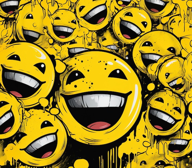 Viele gelbe Luftballons mit lächelnden Gesichtern, Hintergrund für soziale Medien und Kommunikationskonzepte