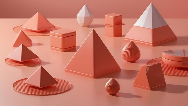 Foto viele geometrische objekte auf einer oberfläche pyramiden und kisten in beruhigender korallenfarbe gegossen geometrie 3