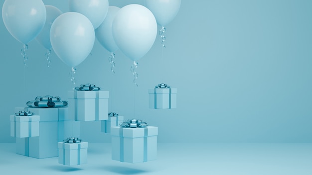 Viele Geschenkbox Fliegen in der Luft mit Ballon und blauem Band Pastell Hintergrund.