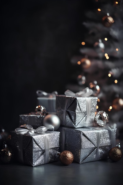 Viele Geschenkboxen in silberfarbenem Papier verpackt mit Bändern, Weihnachtsbaum im Hintergrund