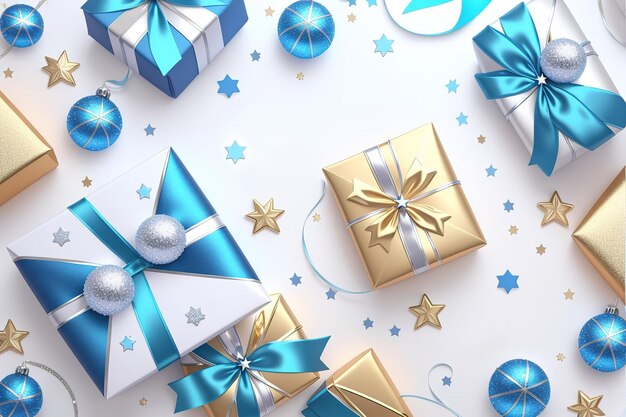 Viele Geschenkboxen mit goldenen und blauen Bändern