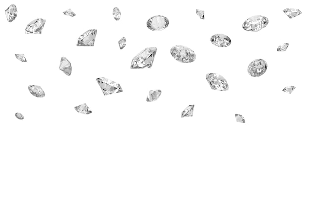 Viele glänzende Diamanten, die auf eine weiße Oberfläche fallen