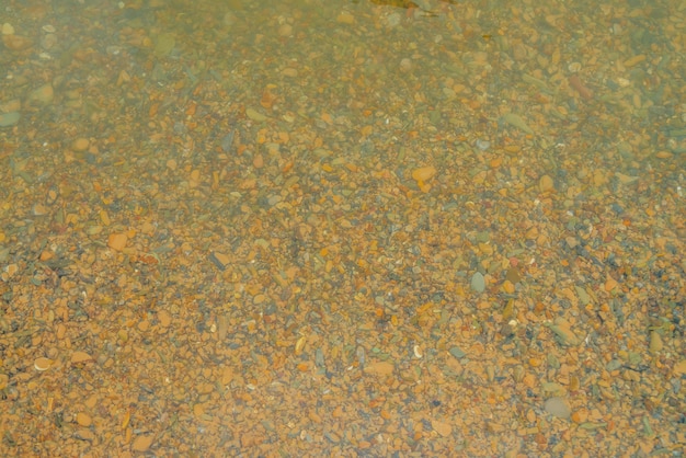 Viele glatte Steine auf gelbem Sandboden des Gebirgsflusses. Naturhintergrund des gelben Tonbodens mit Nahaufnahme der glatten Steinhaufen. Natürliche Textur der Felsbrocken im klaren Wasser des Gebirgsbaches.