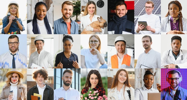 Foto viele glückliche verschiedene ethnische zugehörigkeiten verschiedener junger und alter menschen gruppieren headshots in collage-mosaik-sammlung. viele lächelnde multikulturelle gesichter, die auf die kamera blicken datenbankkonzept der human resource society