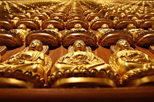 Viele goldene Buddha-Statuen reihen sich reihen- und spaltenweise an der Wand im Tempel an