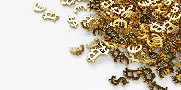 Viele goldene Dollar, Euro, Bitcoin-Symbole, 3d