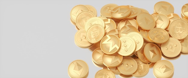 Viele goldene Kryptowährungsmünzen liegen auf einer reflektierenden Oberfläche