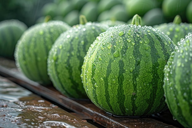 Viele große, süßgrüne Wassermelonen im Regen