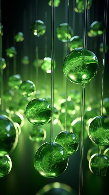 Viele grüne Glaskugeln schweben in der Luft