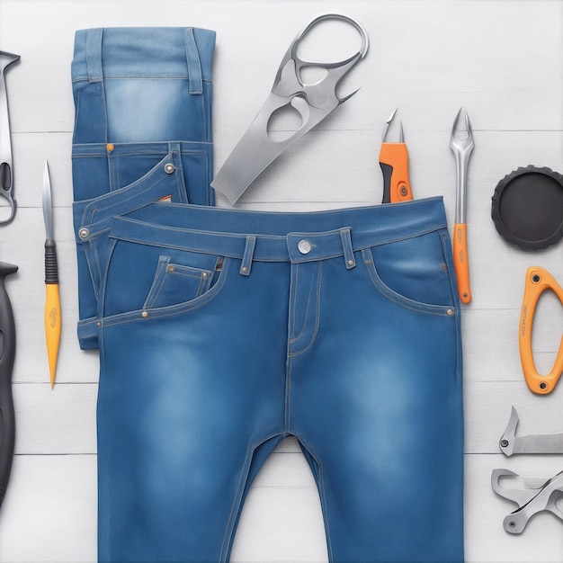 viele handliche Werkzeuge auf Jeans-Hintergrund