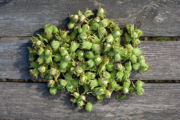 Viele Haselnüsse mit Blättern liegen auf einem Holztisch